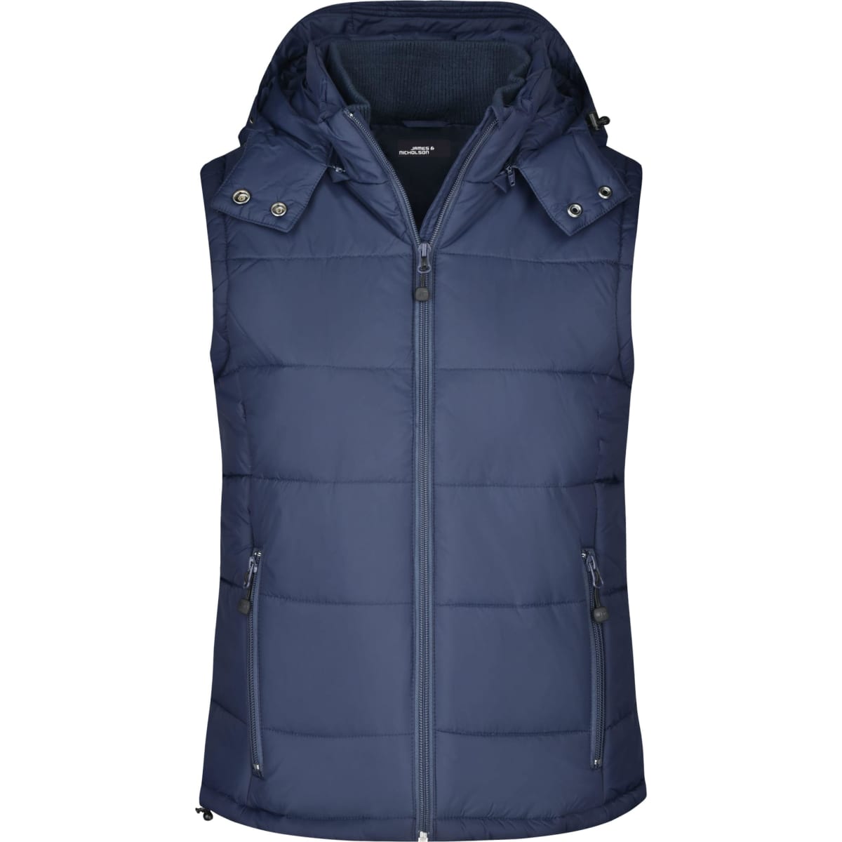 A navy padded vest with a hood and zippered front, featuring side pockets and a logo.