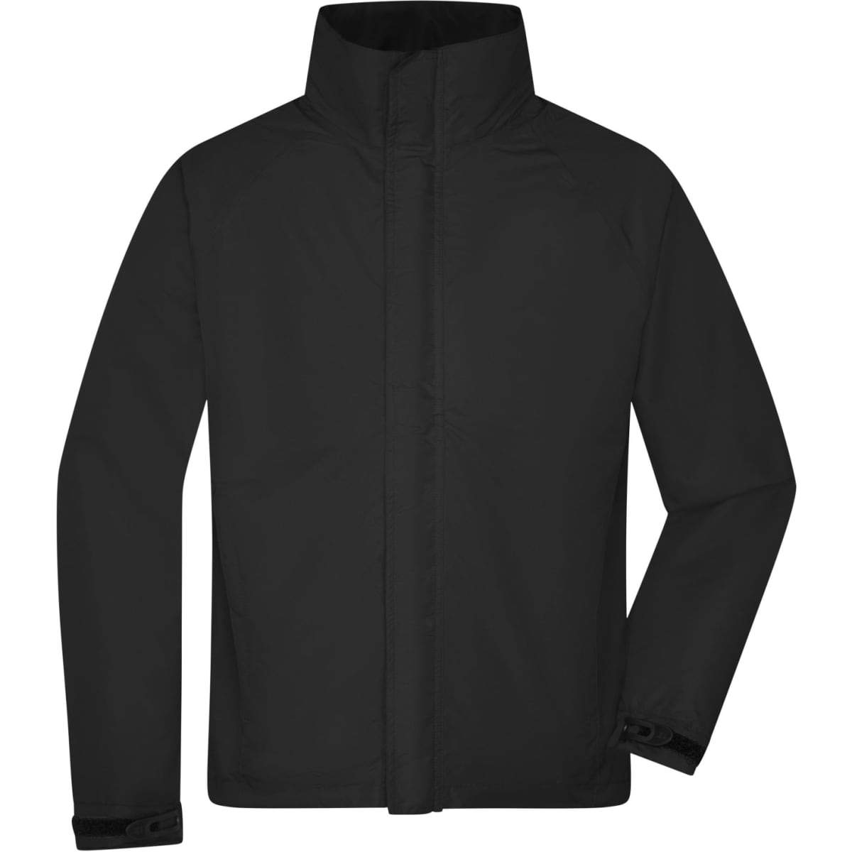 A black outer jacket with a high collar and a front zipper, featuring a logo on the sleeve.
