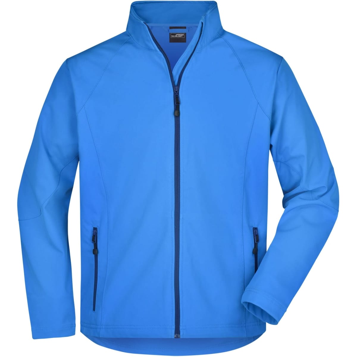 A blue men's softshell jacket with a stand-up collar and zippered front. Features side pockets and a logo.