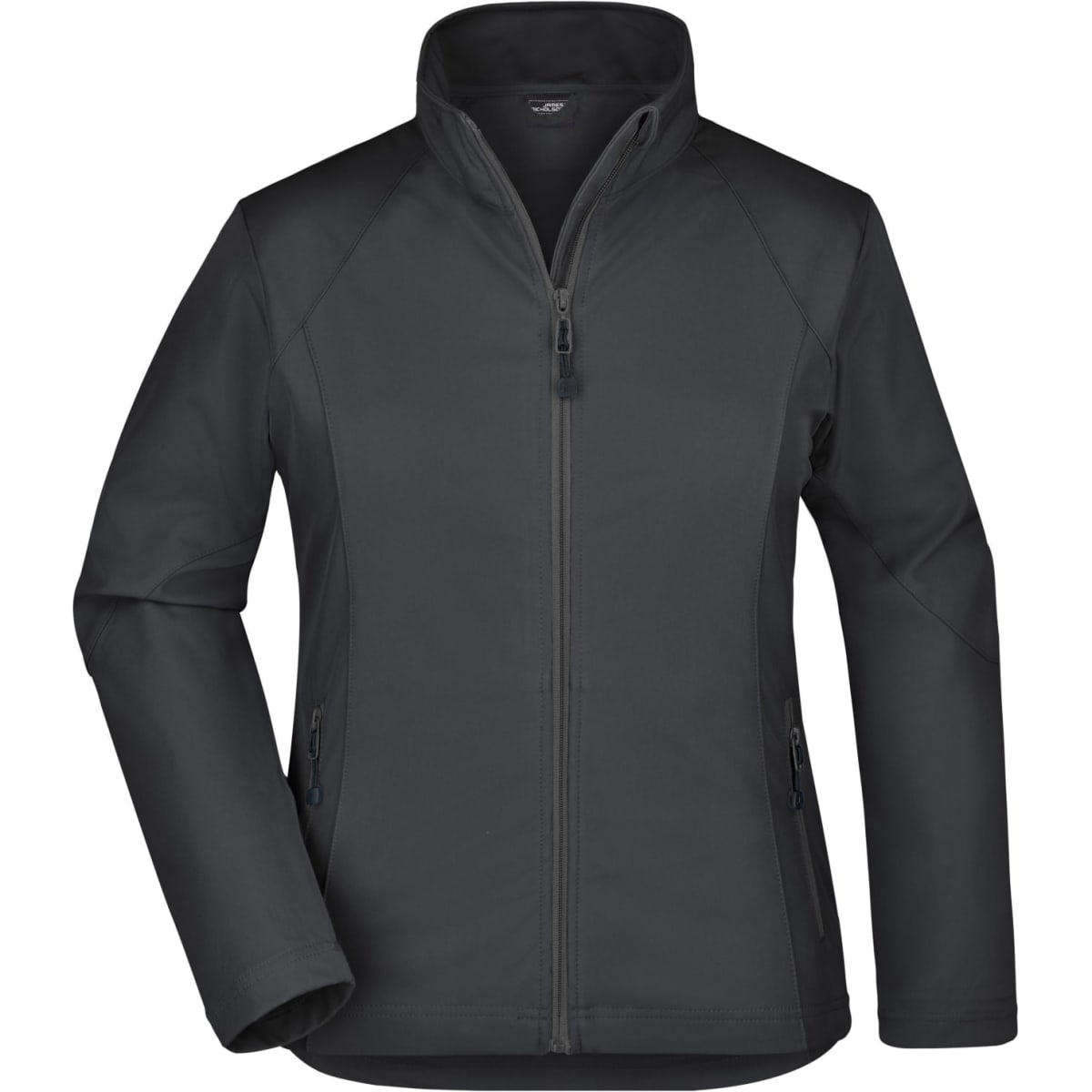 A black ladies softshell jacket featuring a zippered front and two side pockets. It has a collar and a logo.