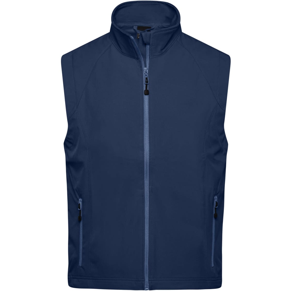 A navy softshell vest featuring a high collar and zippered pockets, with a logo on the front.