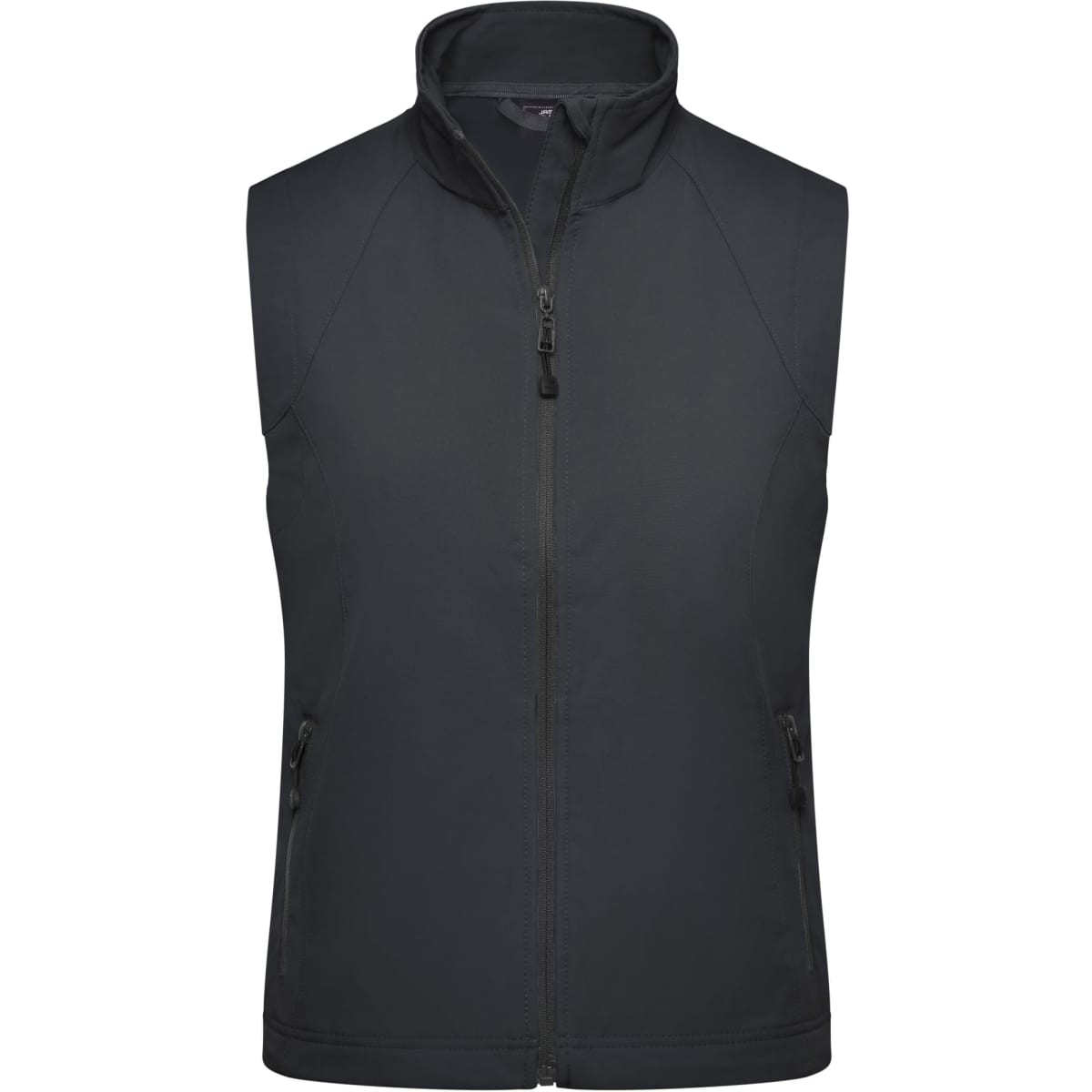 A grey ladies softshell vest with a zip front and side pockets, featuring a logo.