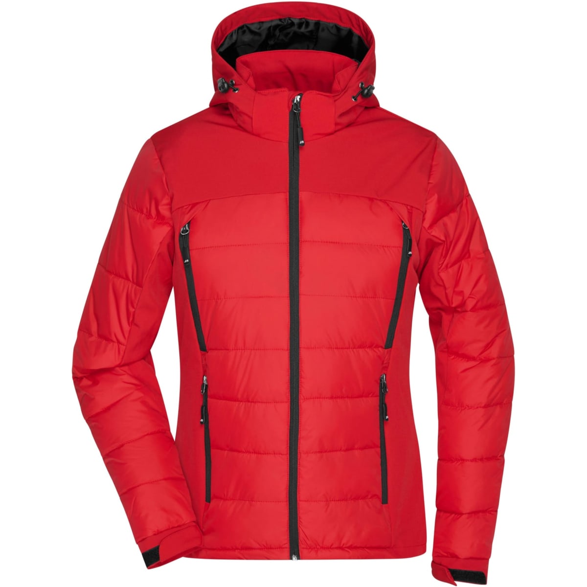 A red ladies outdoor hybrid jacket featuring a hood and black zippered pockets. The jacket has a sleek, soft-shell design.