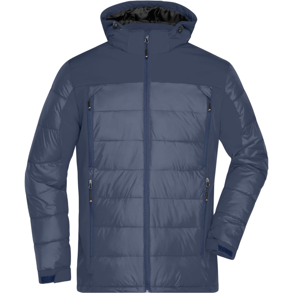A navy men's outdoor hybrid jacket featuring a hood, zippered pockets, and a soft shell design.