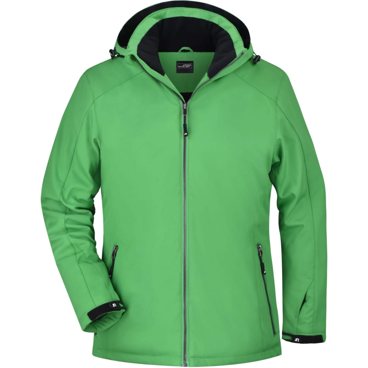 A green soft shell jacket with a hood, featuring zippered pockets and a branded logo.