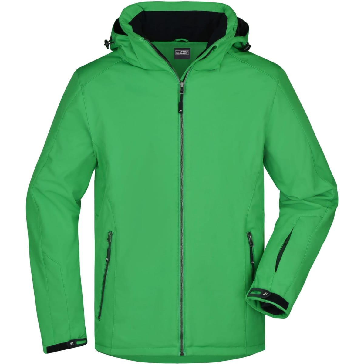 A green men's winter sport jacket featuring a hood, zip front, and black accents. It has side pockets and a branding logo.