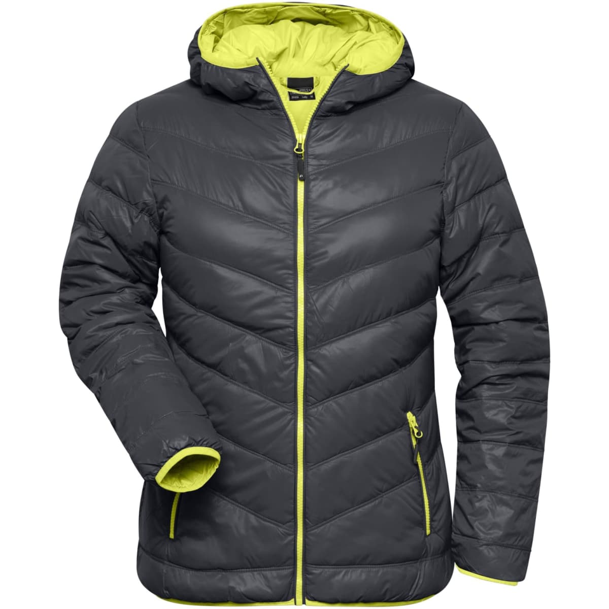 A ladies' down jacket in dark grey with a bright yellow interior and zippered pockets, featuring a hood and branding.