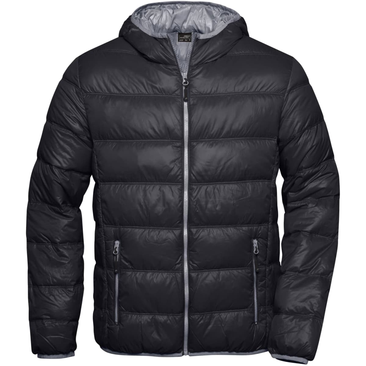 A black puffer jacket with a hood, featuring a zip front and side pockets. The interior is grey and it has a logo.
