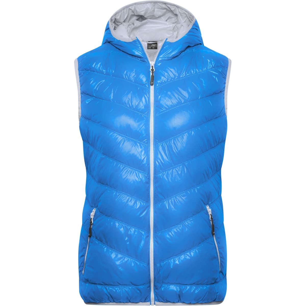 A bright blue ladies down vest with a hood and zipper, featuring a chevron pattern and side pockets.