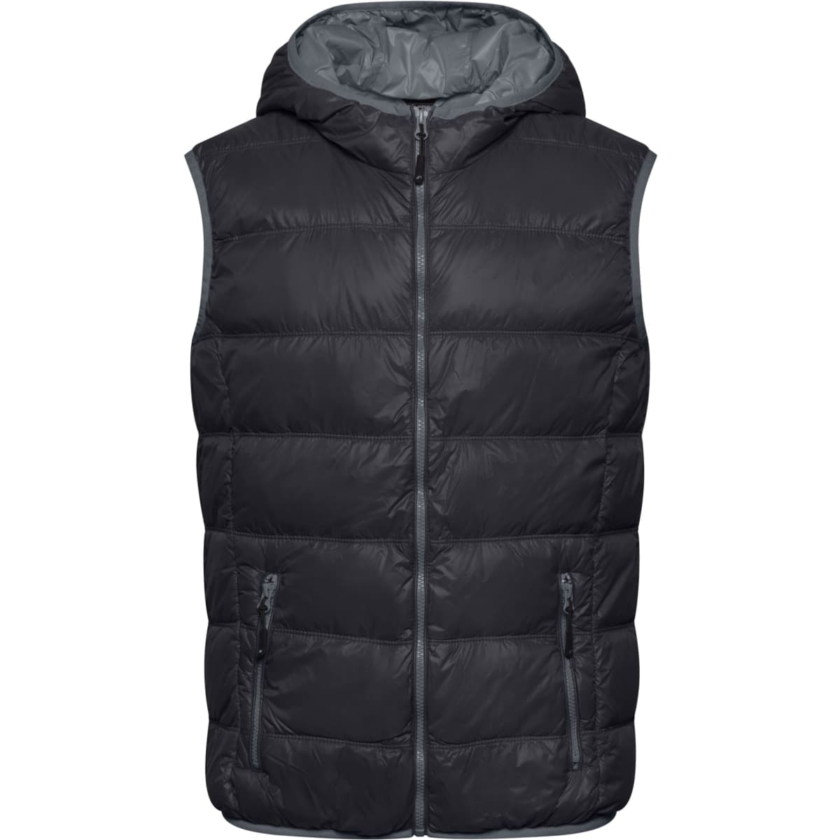 A black men's down vest featuring a hood, quilted design, and side pockets.