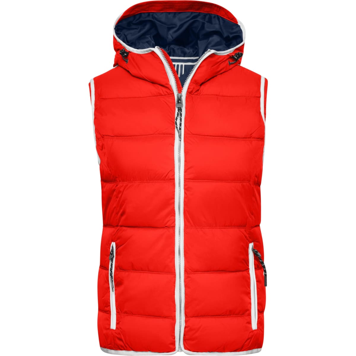A red padded vest with a navy hood and zipper, featuring two front pockets and a logo.