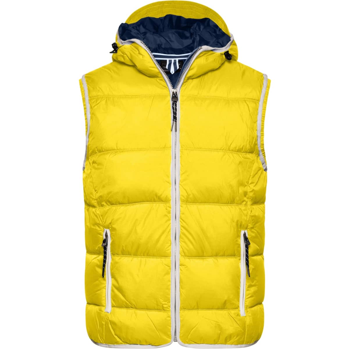 A yellow padded vest with a hood and contrast navy lining, featuring zippered pockets and branding.