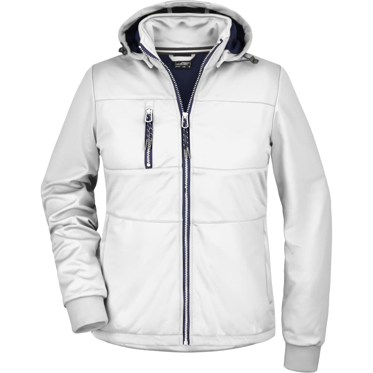 A white Ladies Maritime Jacket featuring a hood and zippered pockets, with contrasting navy lining and branding.