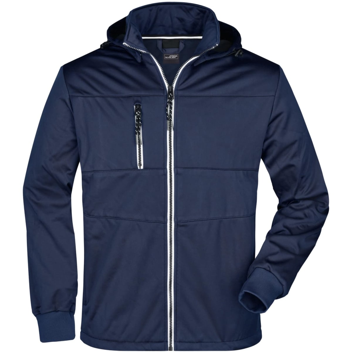 A navy blue men's maritime jacket with a zip front and a hood, featuring a zipped chest pocket and branding.