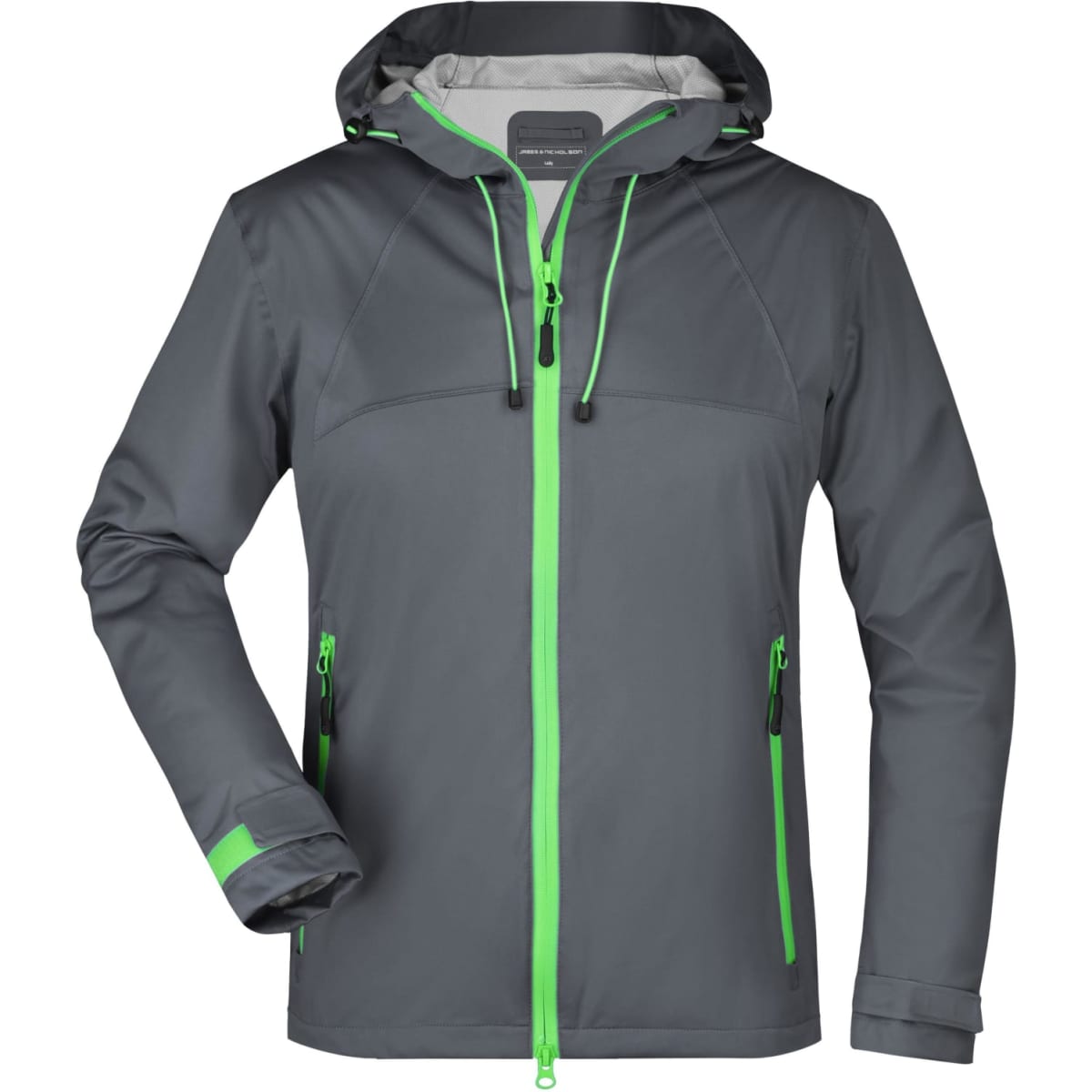 A grey ladies outdoor rain jacket with green zippers and accents, featuring a hood and zippered pockets.