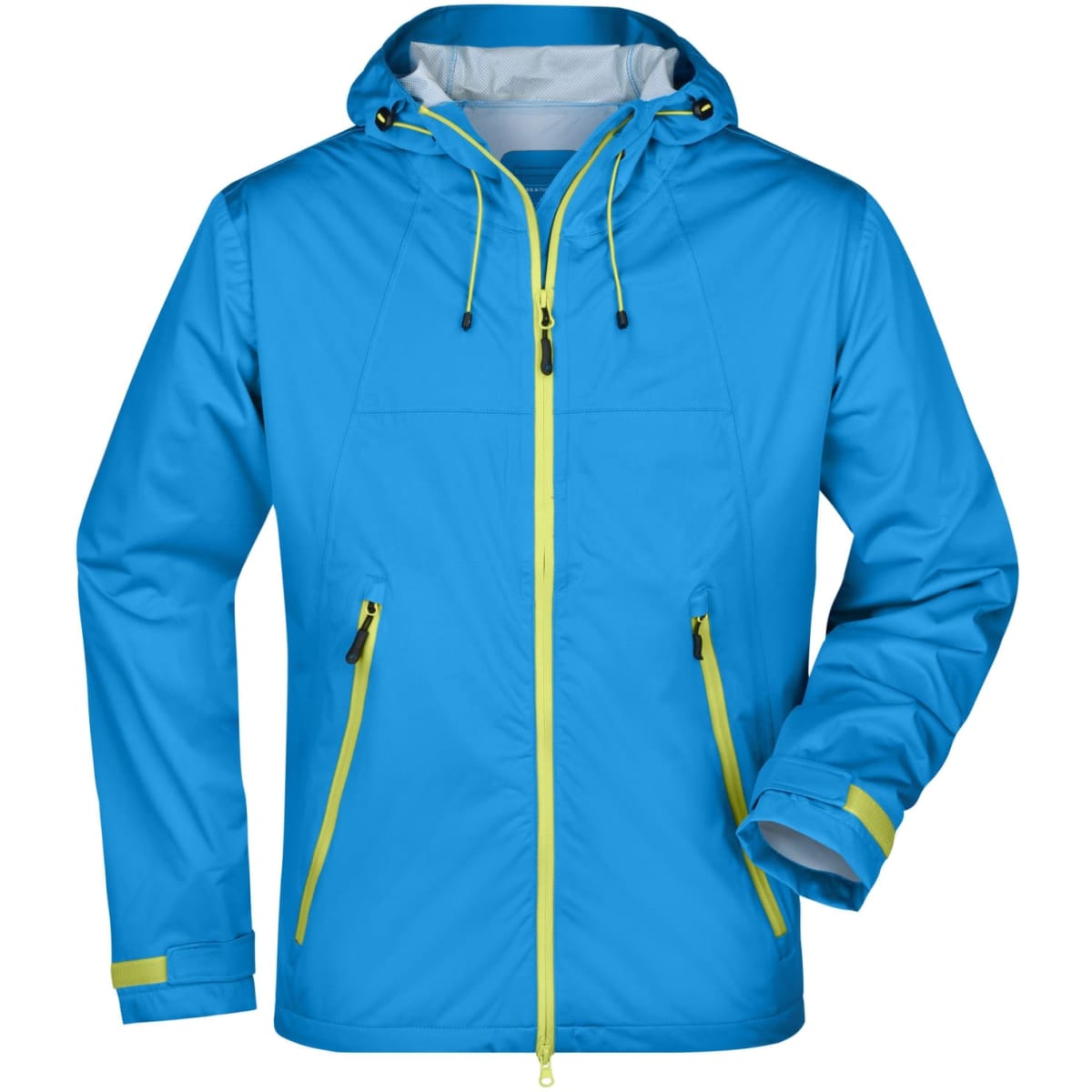 A blue men's outdoor jacket featuring a hood, zippered pockets, and contrasting yellow details. It has a sleek design and logo.