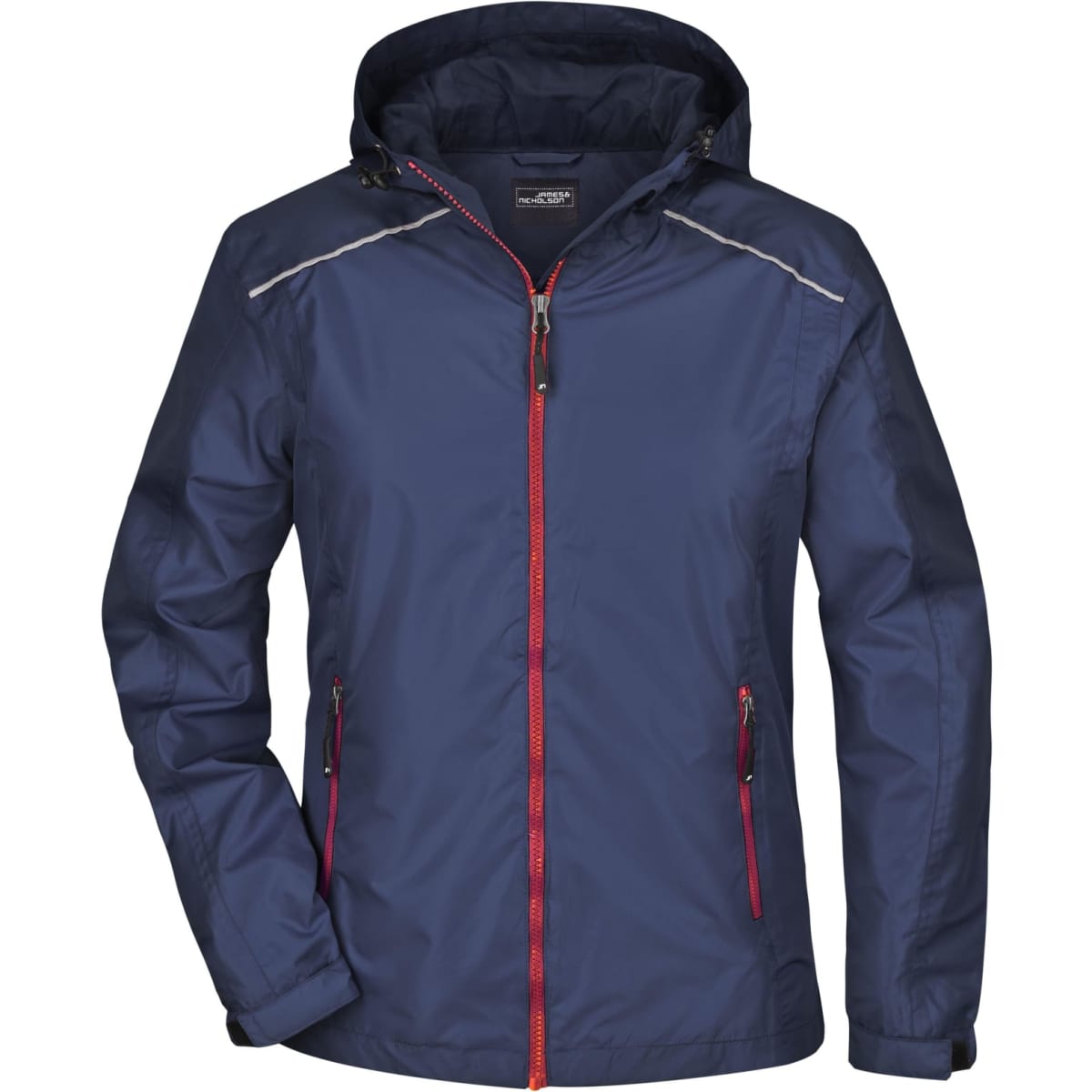 A navy blue ladies rain jacket with a hood, featuring zippered pockets and contrasting red accents.