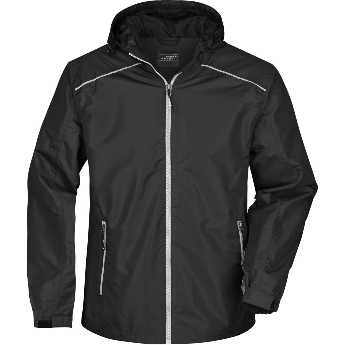 A black men's rain jacket featuring zippered pockets and a hood, with reflective detailing and a logo.