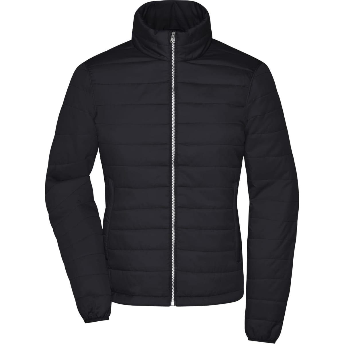 A black padded jacket with a zip front and high collar, featuring a quilted design and a logo.