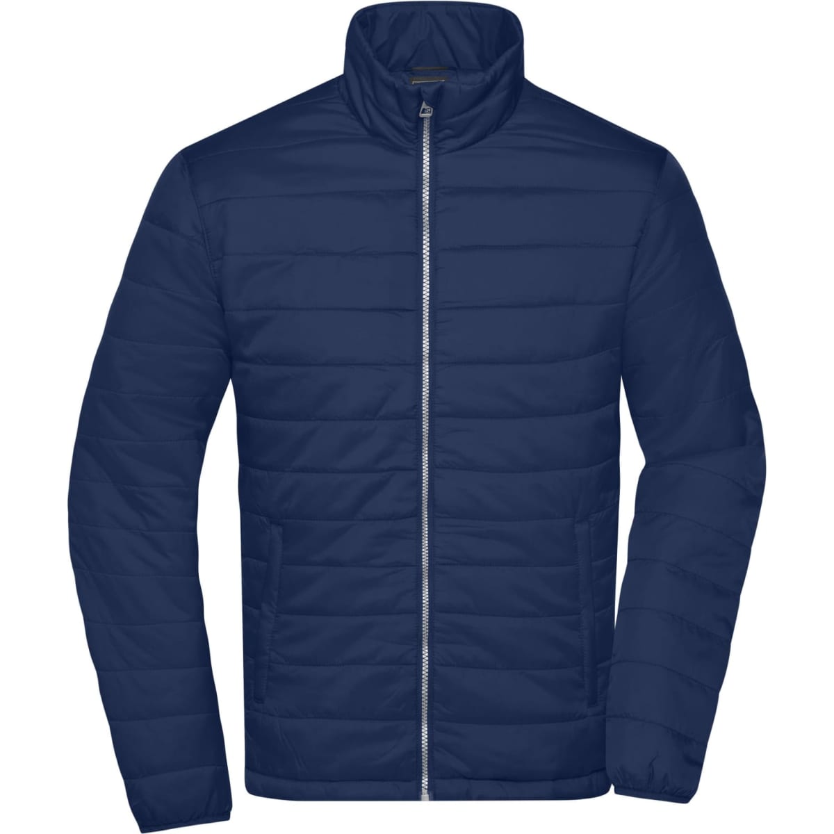 A navy blue padded jacket with a zip front and stand-up collar. It features a logo on the chest.