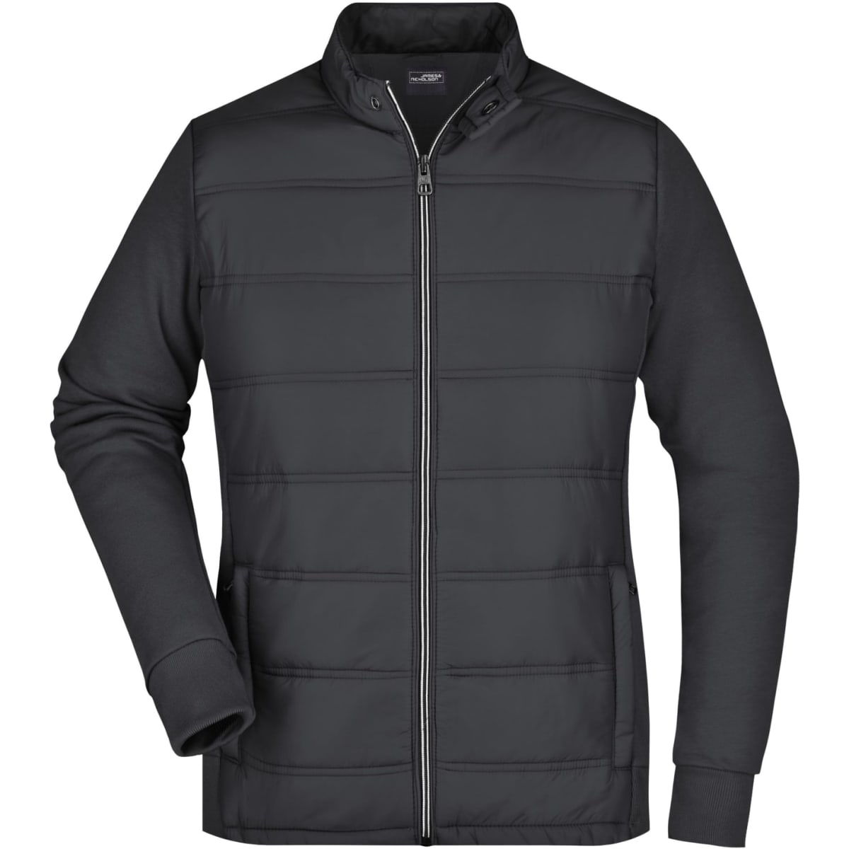 A black hybrid sweat jacket featuring a zip front, standing collar, and side pockets. It has a logo on the chest.