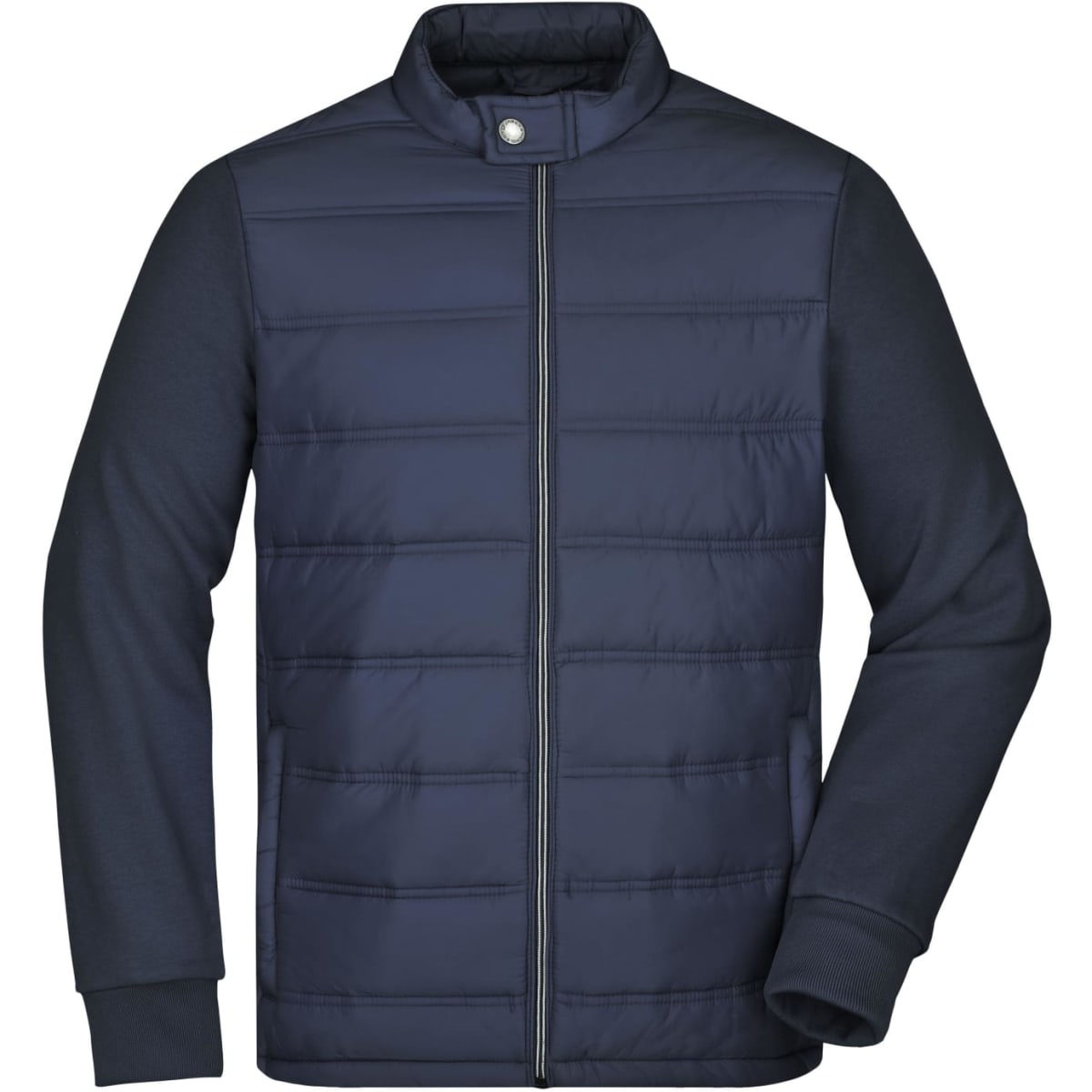 A men's hybrid sweat jacket in navy with a padded front and contrasting sleeves. Features a zip closure and a logo.