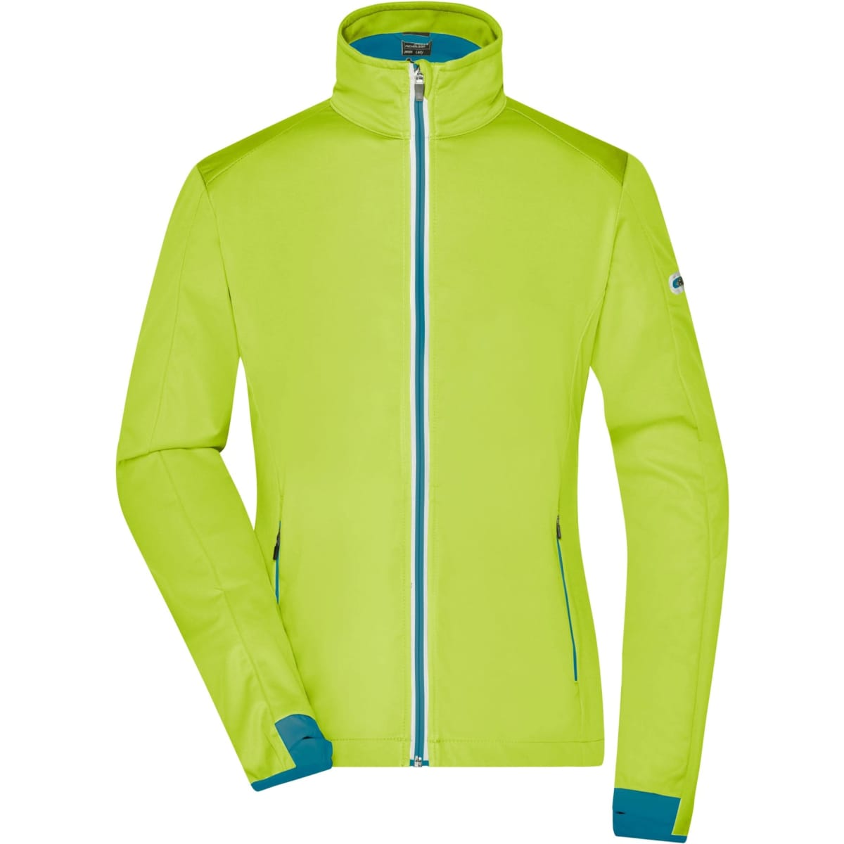 A bright lime green softshell jacket with a high collar and contrasting blue zipper. It features a logo on the sleeve.