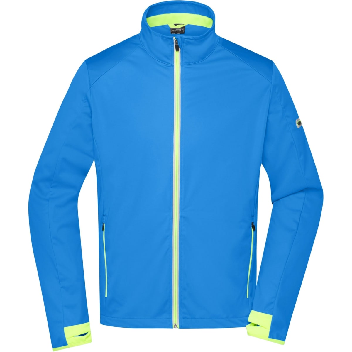 A men's sports softshell jacket in bright blue with neon yellow accents and zippered pockets, featuring a logo.