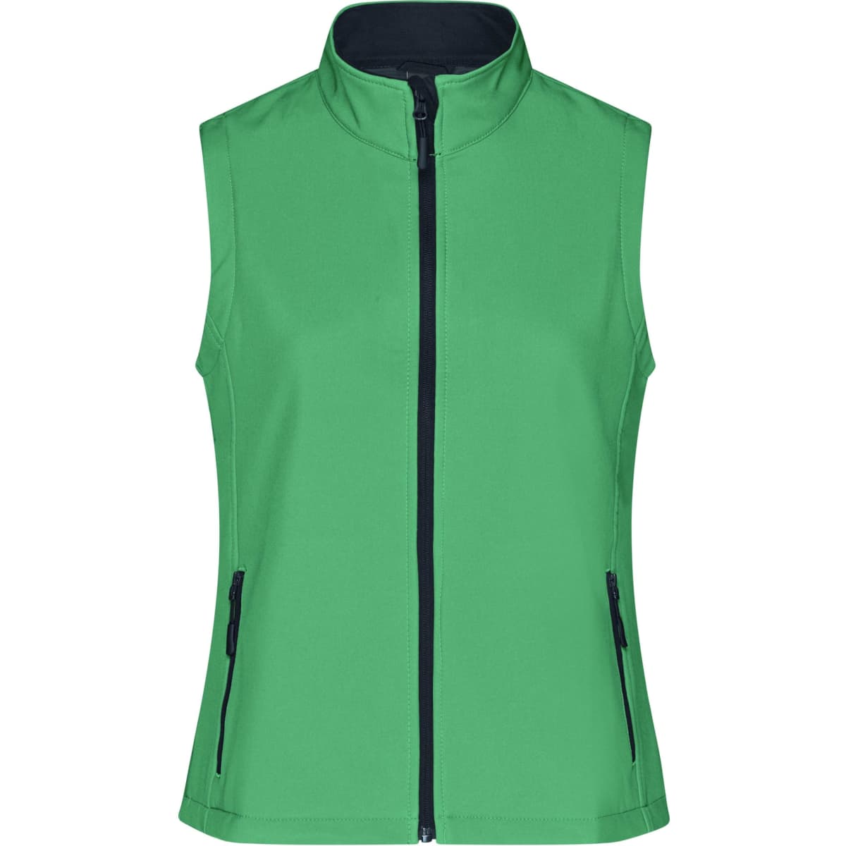A green softshell vest with a zip front, high collar, and two side pockets, featuring a logo.