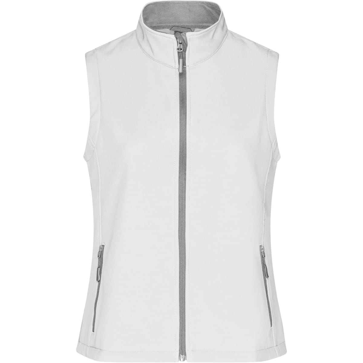 A softshell vest in white with grey accents and zippered pockets, featuring a stand-up collar and no sleeves.
