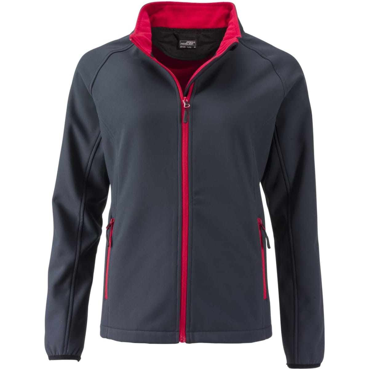 A softshell jacket in navy with pink accents, featuring a zip front and side pockets, and a logo.