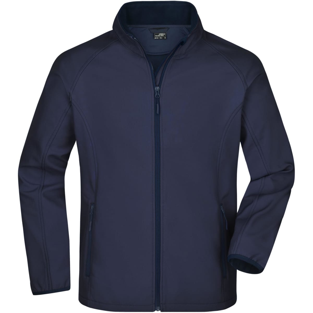 A men's navy softshell jacket with a zip front, standing collar, and two side pockets. Features a logo on the chest.