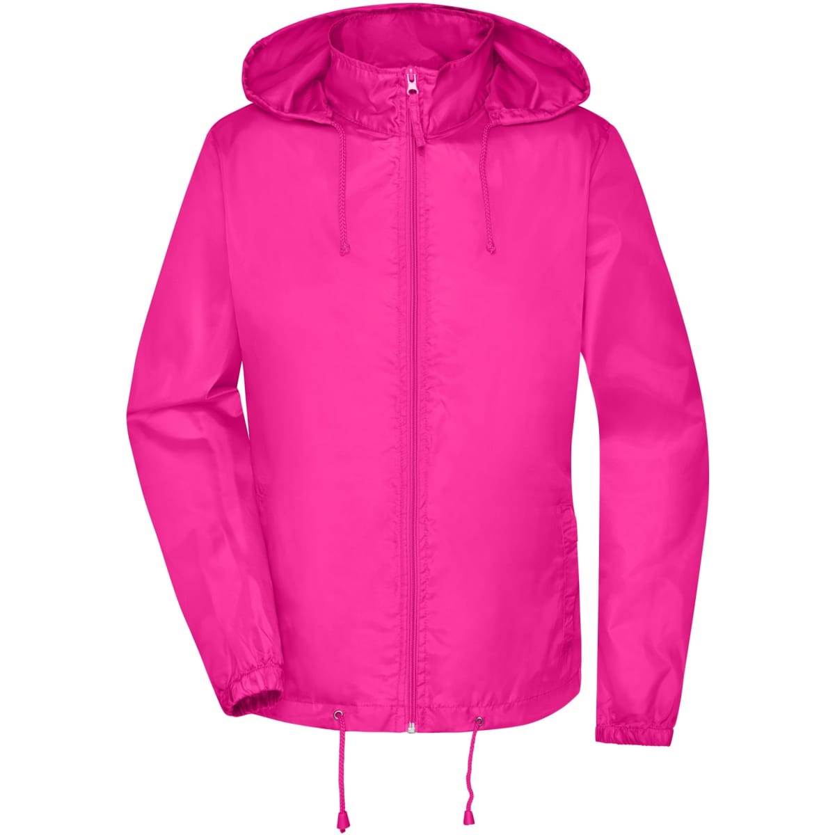 A bright pink ladies rain jacket with a hood, featuring a front zipper and drawstring adjustments.