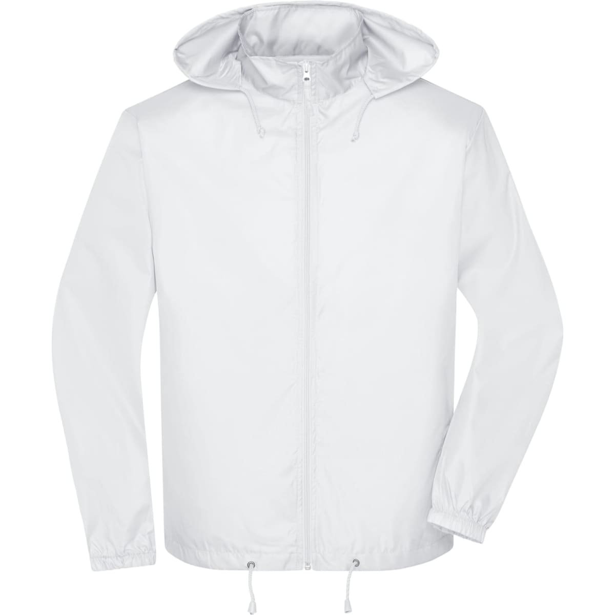 A white men's promotional jacket with a hood and elastic cuffs, featuring a logo.