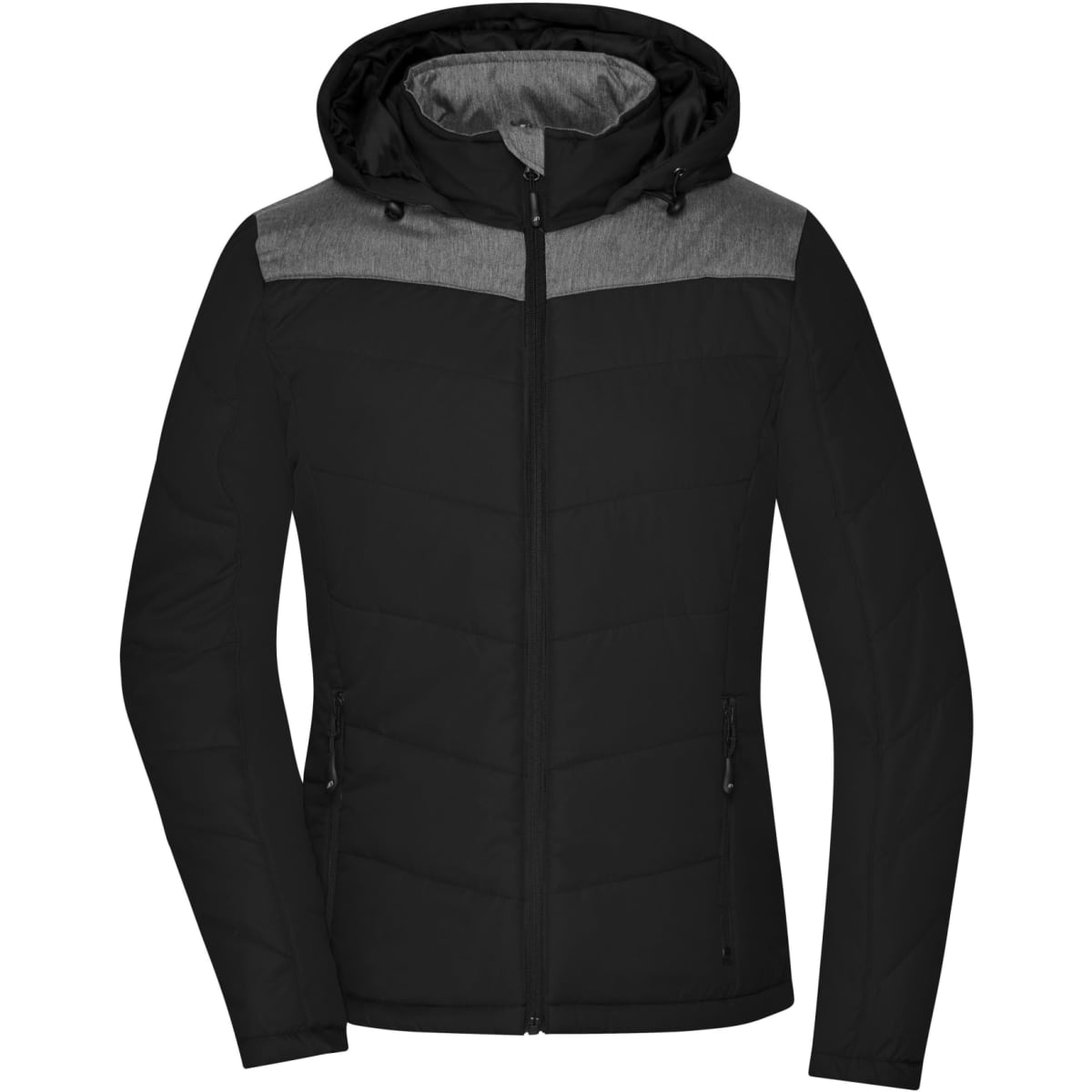 A black puffer jacket with a grey panel, featuring a hood and zippered pockets. It has a branding logo.
