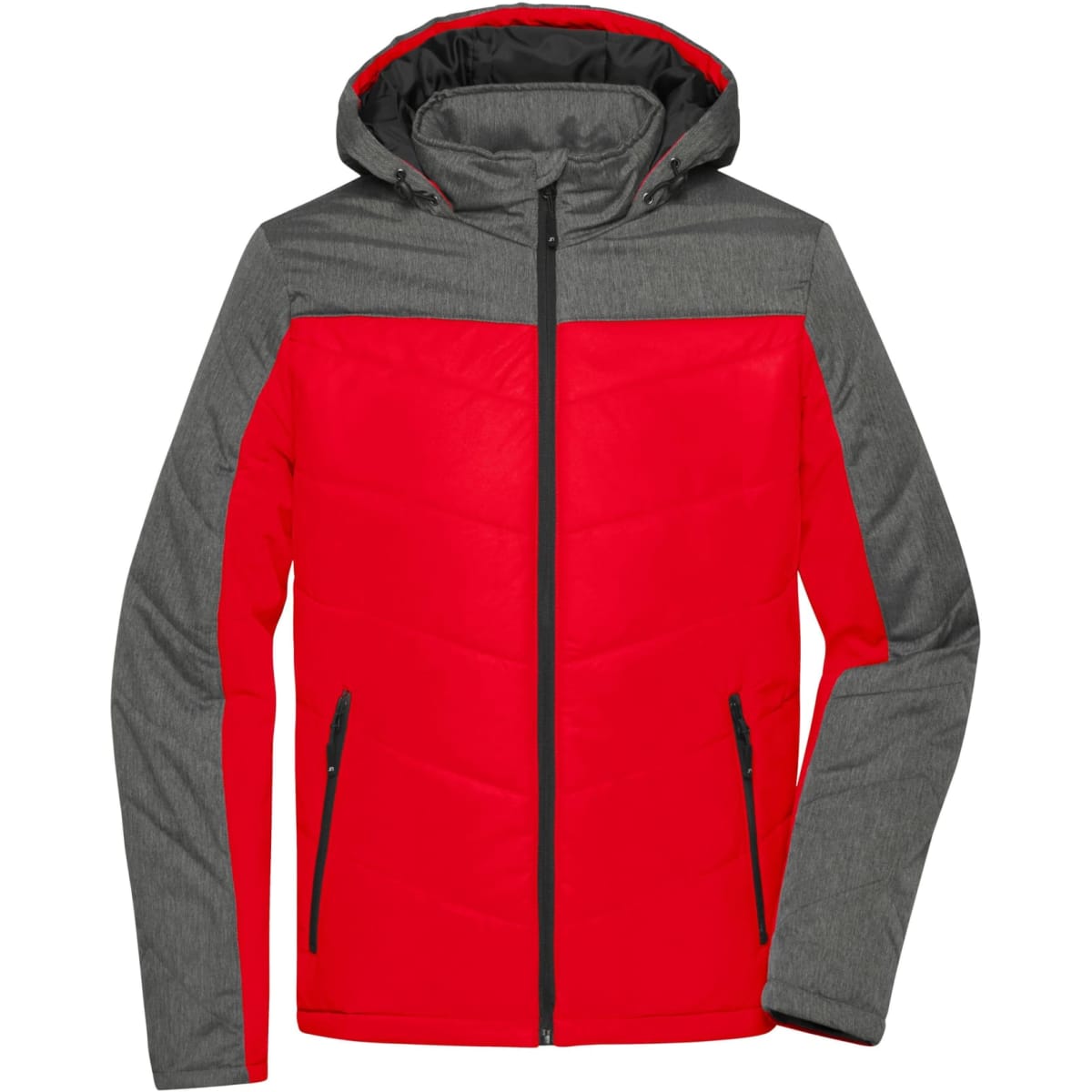 A red and grey puffer jacket with a hood, featuring zippered pockets and a logo.