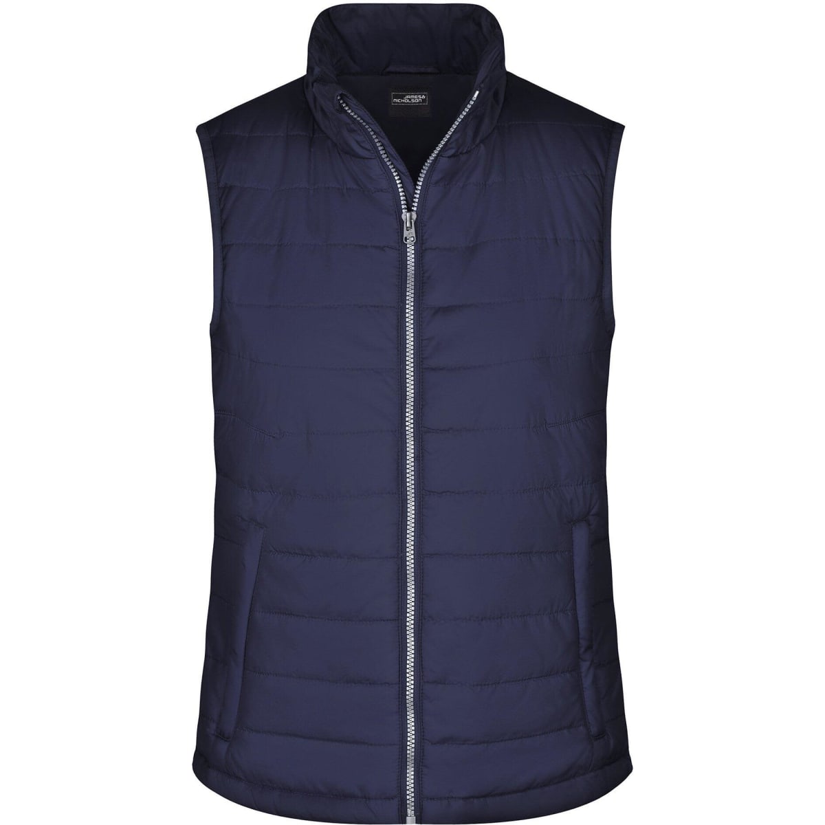 A navy padded vest with a high collar and a front zip fastening. It features a logo on the chest.