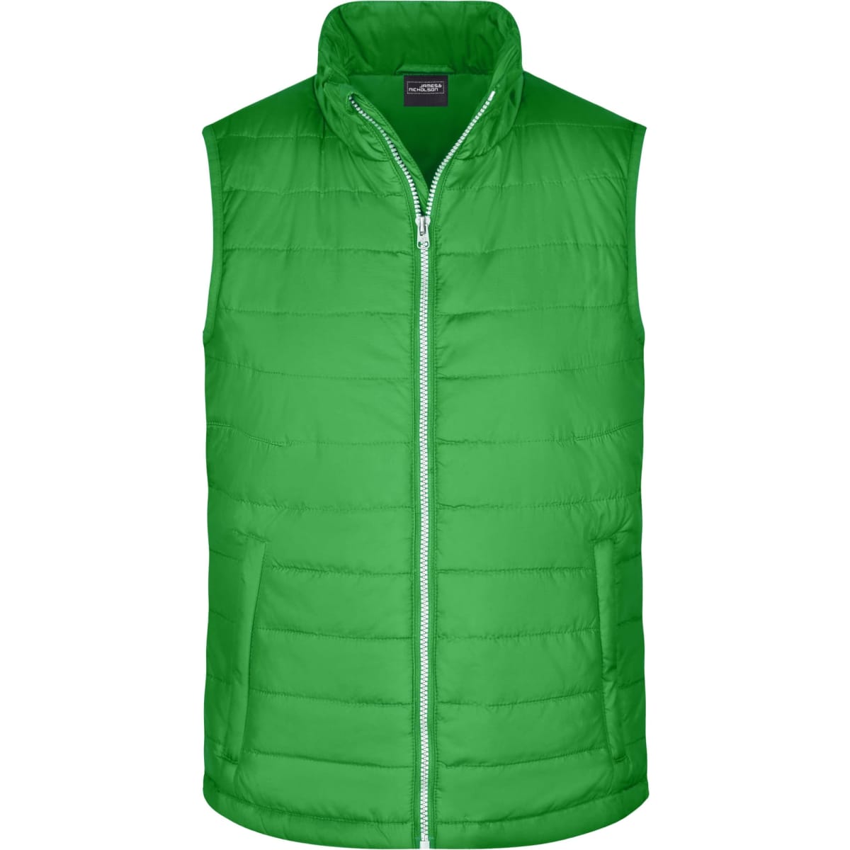 A green padded vest with a high collar and front zip, featuring a logo on the chest.