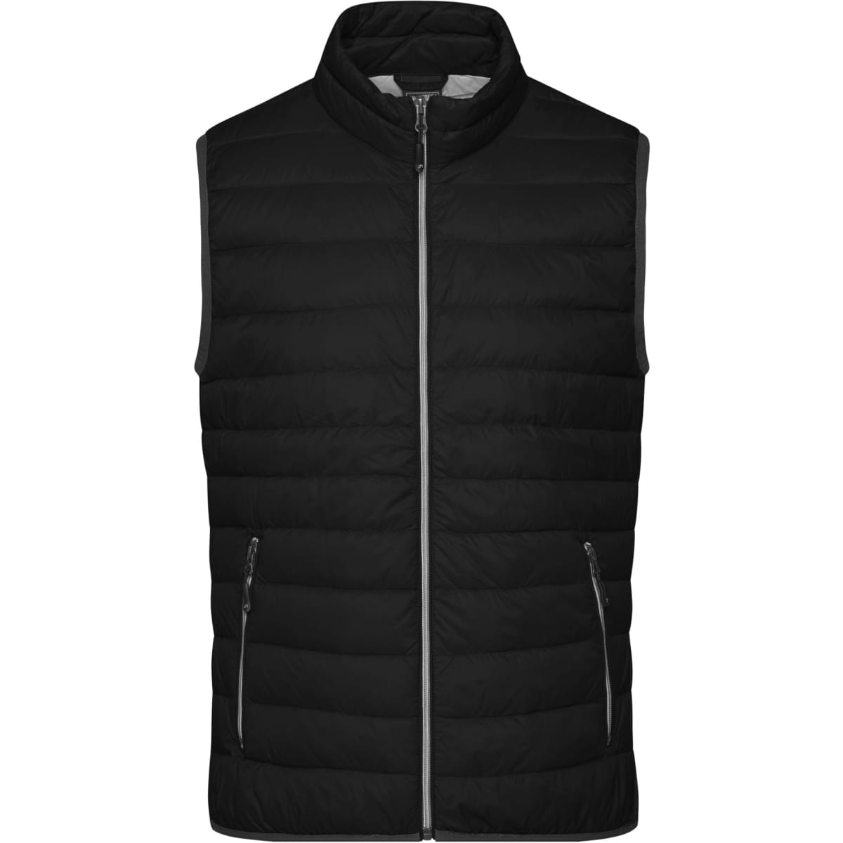A black men's down vest with a zip front and two side pockets, featuring a subtle logo.