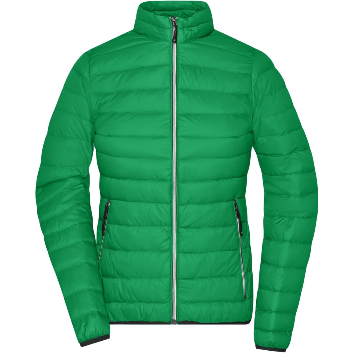 A green puffer jacket with a zip front and two side pockets. It features a stand-up collar and has a logo.