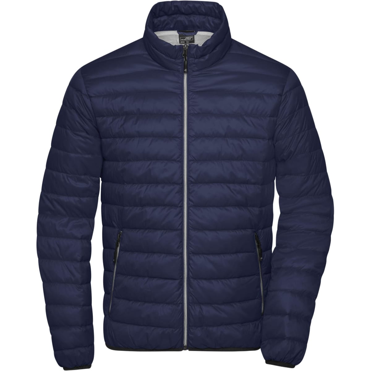 A navy puffer jacket with a zip front and stand-up collar, featuring side pockets and a branding logo.