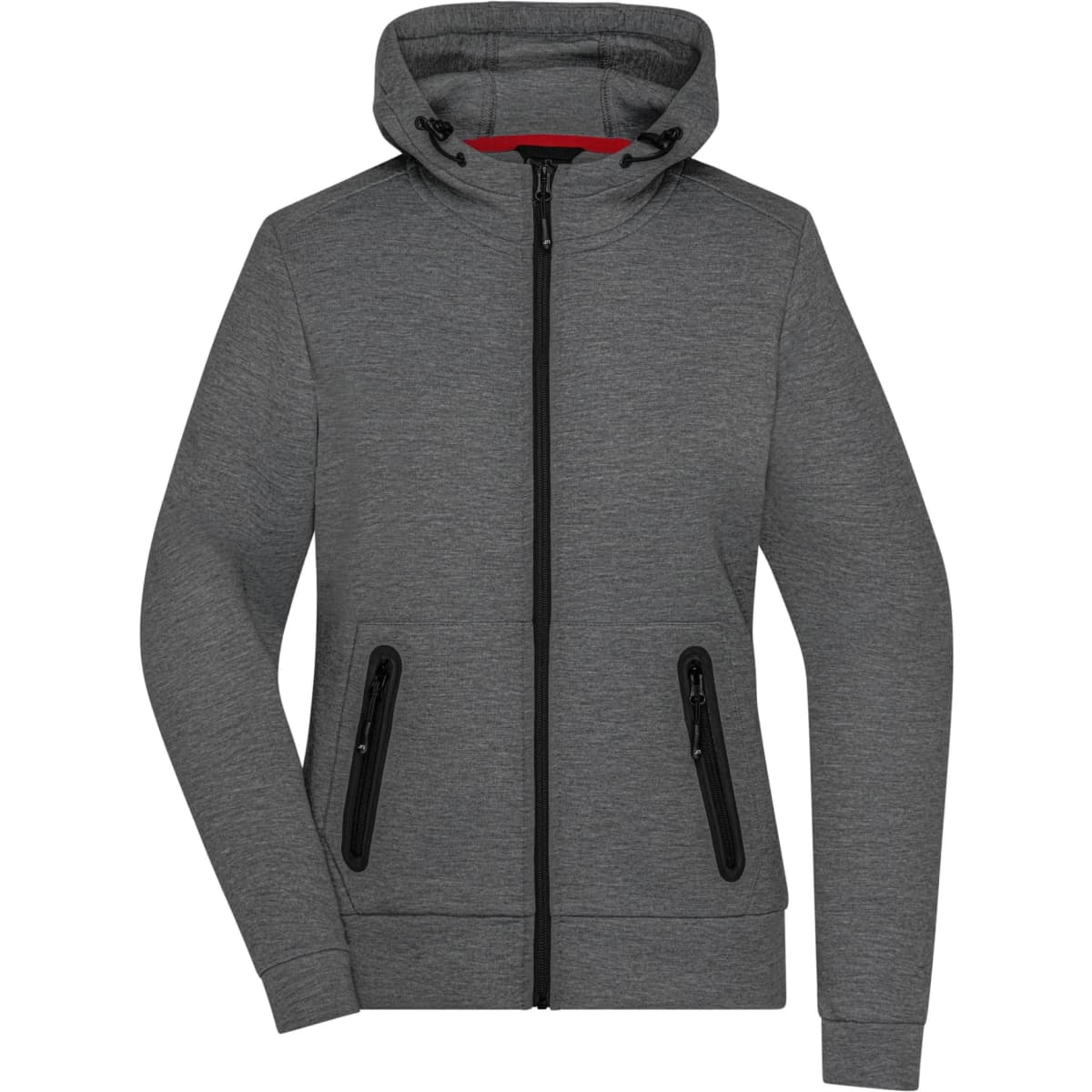 A grey ladies hooded jacket with zippered pockets and a black zip. Features a red inner lining and a logo.