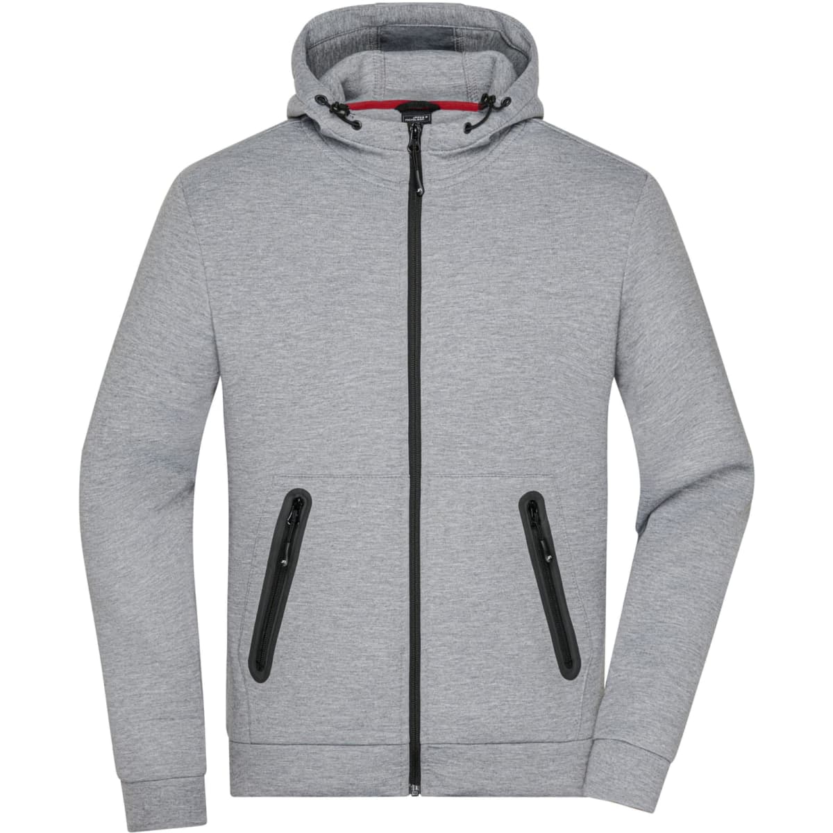 A grey mens hooded jacket featuring a zip front and side pockets with black zippers. It has a logo on the chest.