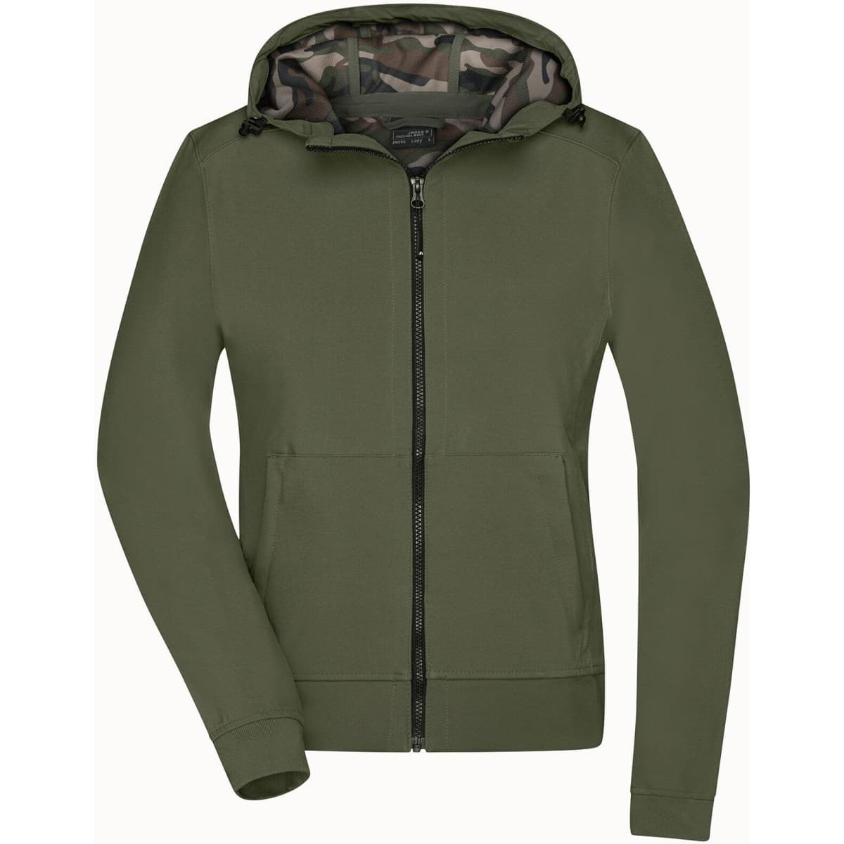 A green hooded softshell jacket with a zippered front and a camouflage-patterned interior. Features a logo.