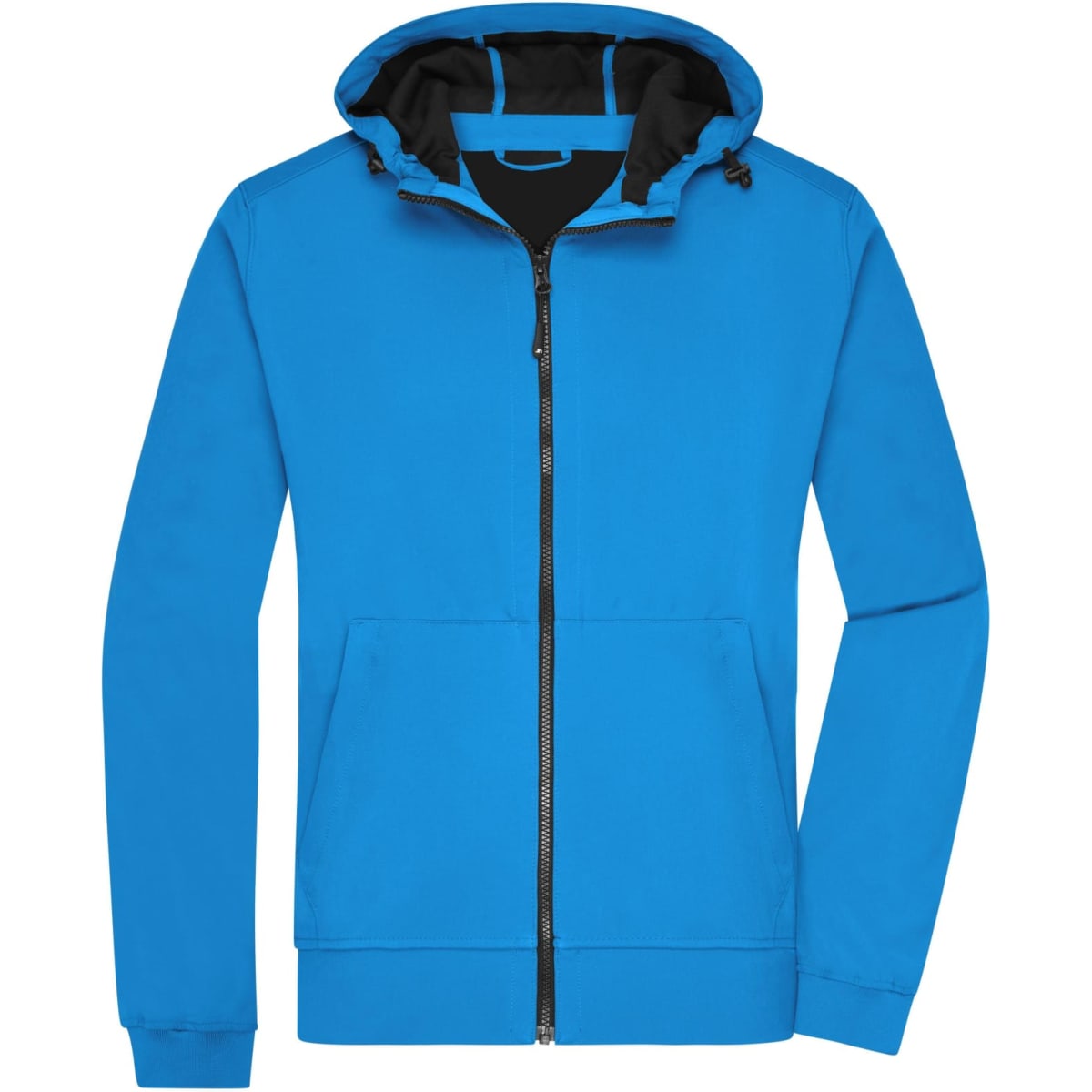 A blue hooded softshell jacket with a black inner lining and a front zip pocket. It features a logo.