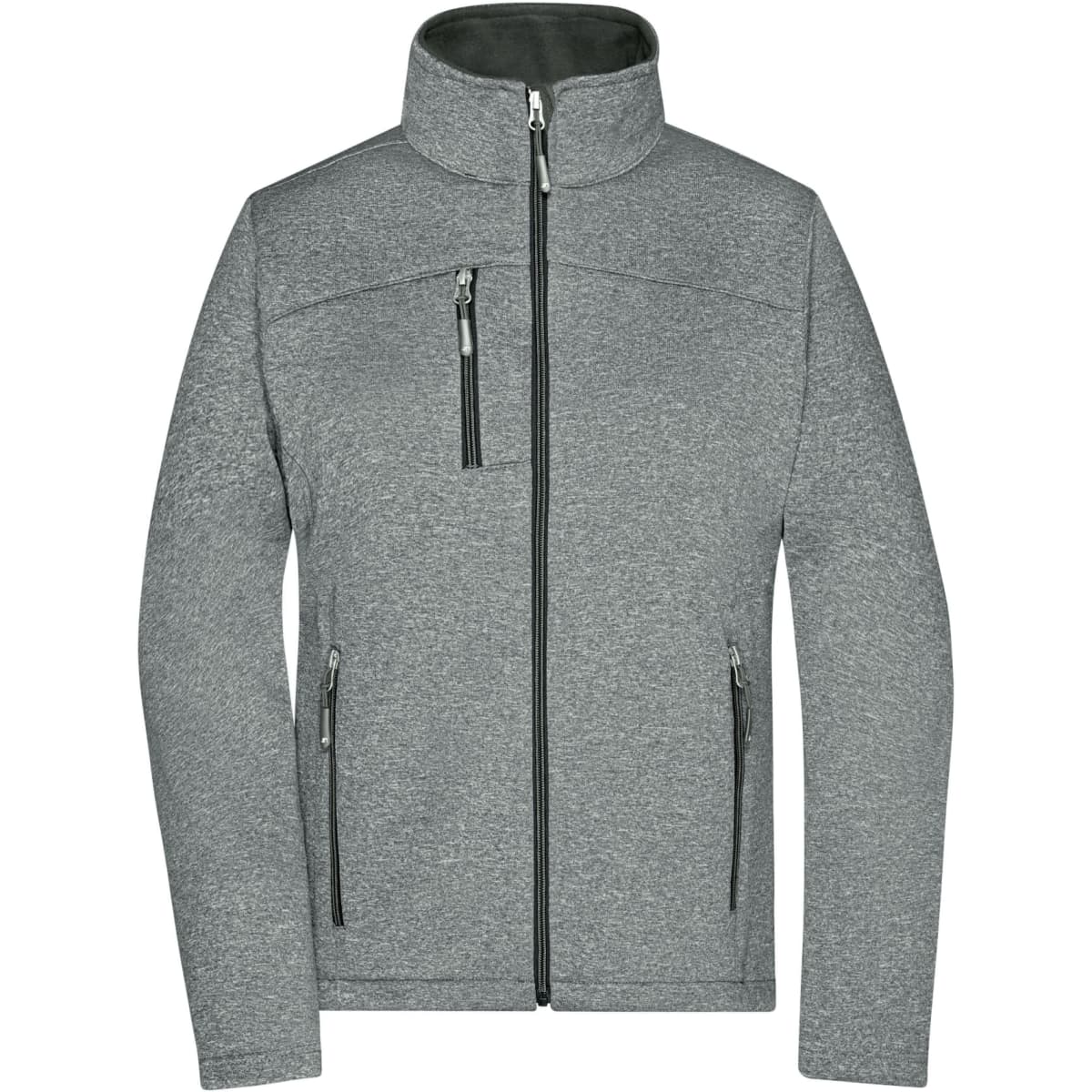 A grey ladies softshell jacket featuring a high collar and multiple zippered pockets. It includes a logo on the front.