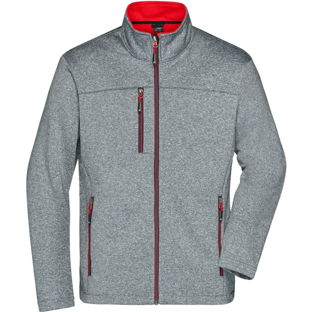 A men's softshell jacket in grey with red accents, featuring zippered pockets and a stand-up collar.