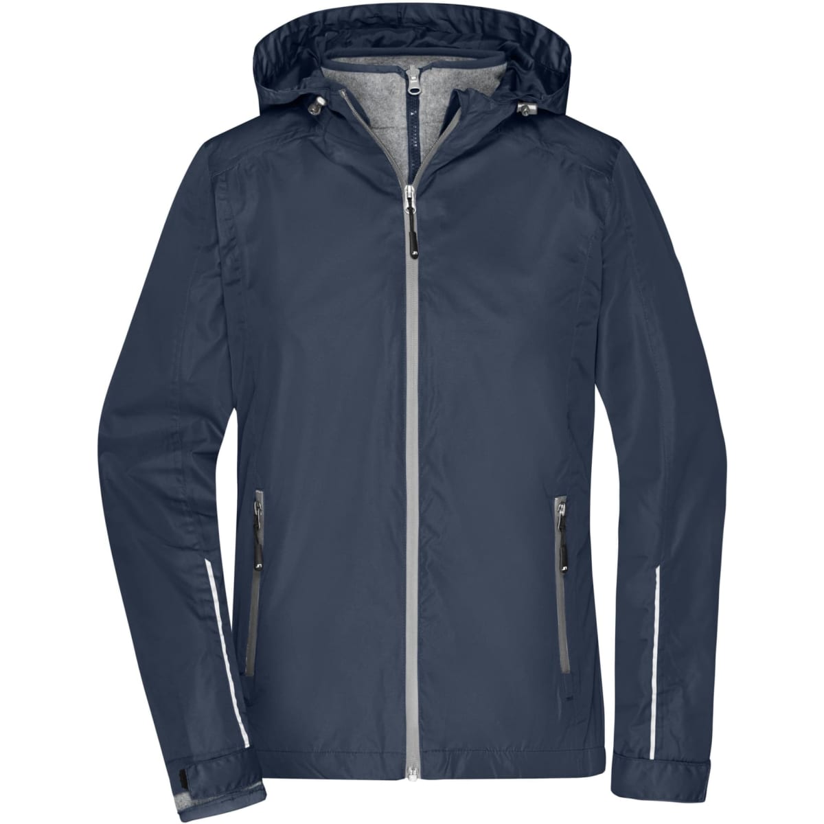A navy blue ladies 3-in-1 jacket with a hood and zippered pockets, featuring a logo on the design.