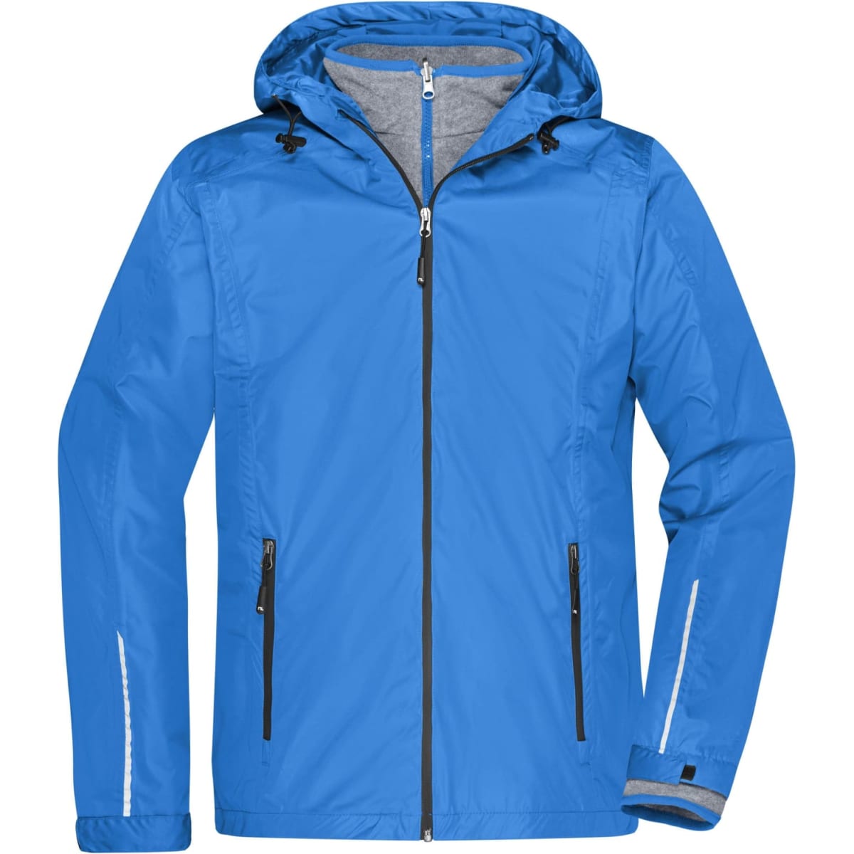 A blue men's 3-in-1 jacket featuring a hood, zippered front, and side pockets, with a logo on one part.