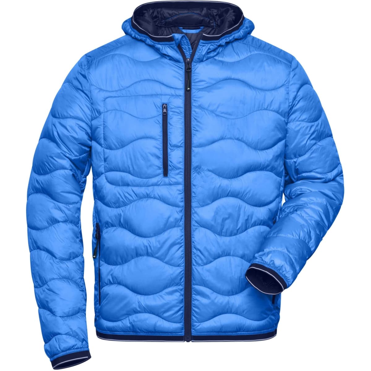 A padded puffer jacket in bright blue with a hood and zippered pockets, featuring a logo.